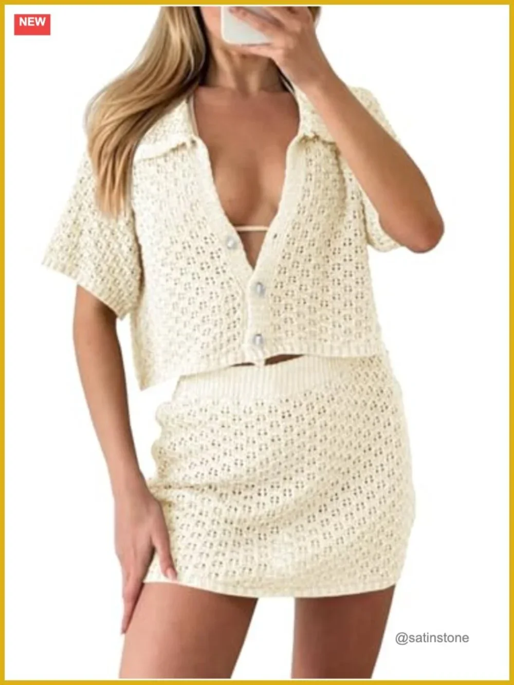 Crochet Button Short Sleeve Crop Top Mini Skirt 2 Piece Cover Up Set